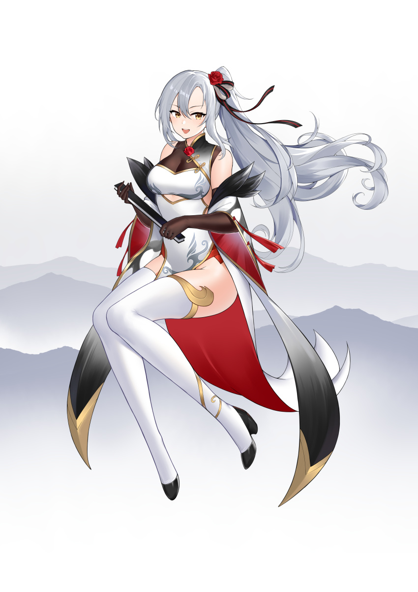 absurdres alternate_costume azur_lane bare_shoulders black_footwear black_gloves china_dress chinese_clothes detached_sleeves drake_(azur_lane) dress elbow_gloves female flower folding_fan full_body gloves gold_trim hair_between_eyes hair_flower hair_ornament hand_fan high_heels highres holding holding_fan long_hair open_mouth pelvic_curtain red_flower shidiancijianongpao solo thighhighs very_long_hair white_dress white_hair white_thighhighs wide_sleeves yellow_eyes