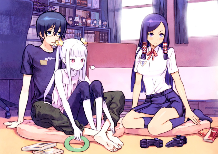 >:( 1boy 2girls :< barefoot black_hair blue_eyes capri_pants controller dress_shirt dualshock food frown full_body game_controller gamepad glasses halo indian_style indoors kneehighs kuroboshi_kouhaku long_hair mikanagi_rin multiple_girls nanashiki_yuuto paint.net_(medium) palette_(character) pants pink_hair playstation_controller pocky purple_eyes red_eyes shirt short_hair sigh sitting socks v-shaped_eyebrows yokozuwari yumeiro_happy_end