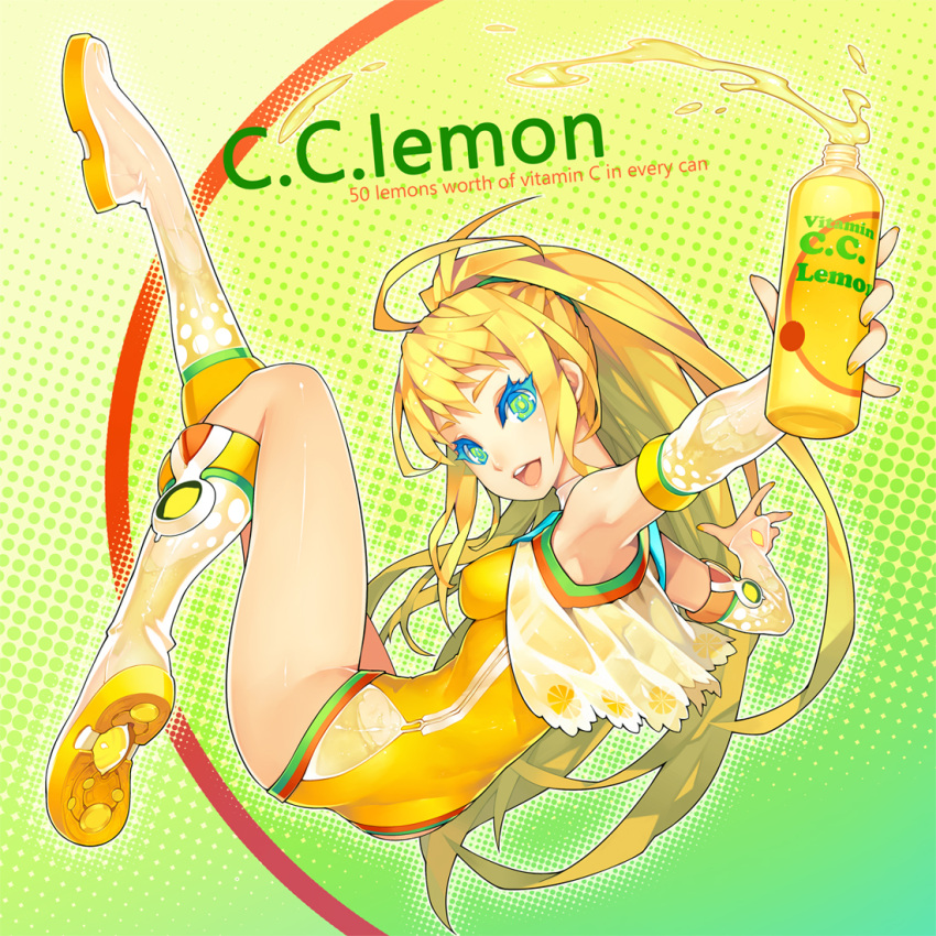 armpits bare_shoulders blonde_hair boots bottle bridal_gauntlets c.c._lemon c.c._lemon_(character) commentary_request elbow_gloves female gloves long_hair lvans nail_polish one-piece_swimsuit photoshop_(medium) solo swimsuit