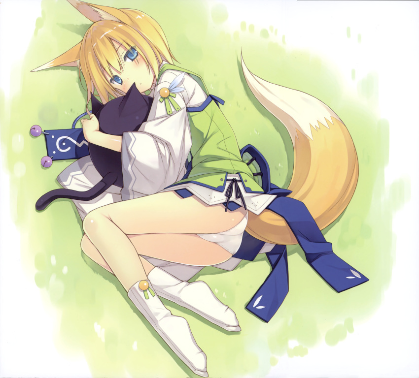 absurdres animal_ears ass bare_legs blonde_hair blue_eyes blush doll_hug female fixed fox_ears fox_tail full_body highres hug kitsune_(poko) kuroino_(poco) looking_at_viewer lying no_pants on_grass on_side original panties poco_(asahi_age) poko scan shiratama_kitsune short_hair socks solo tabi tail underwear white_legwear white_panties