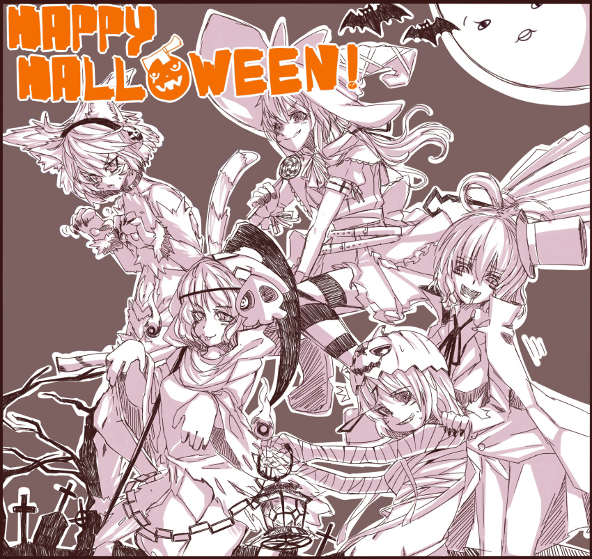 5girls animal_ears bad_id bad_pixiv_id candy cat_ears cat_tail food halloween happy_halloween hat highres kaku_seiga kumonji_aruto long_hair looking_at_viewer miyako_yoshika monochrome mononobe_no_futo multiple_girls photoshop_(medium) short_hair smile soga_no_tojiko striped tail touhou toyosatomimi_no_miko witch_hat