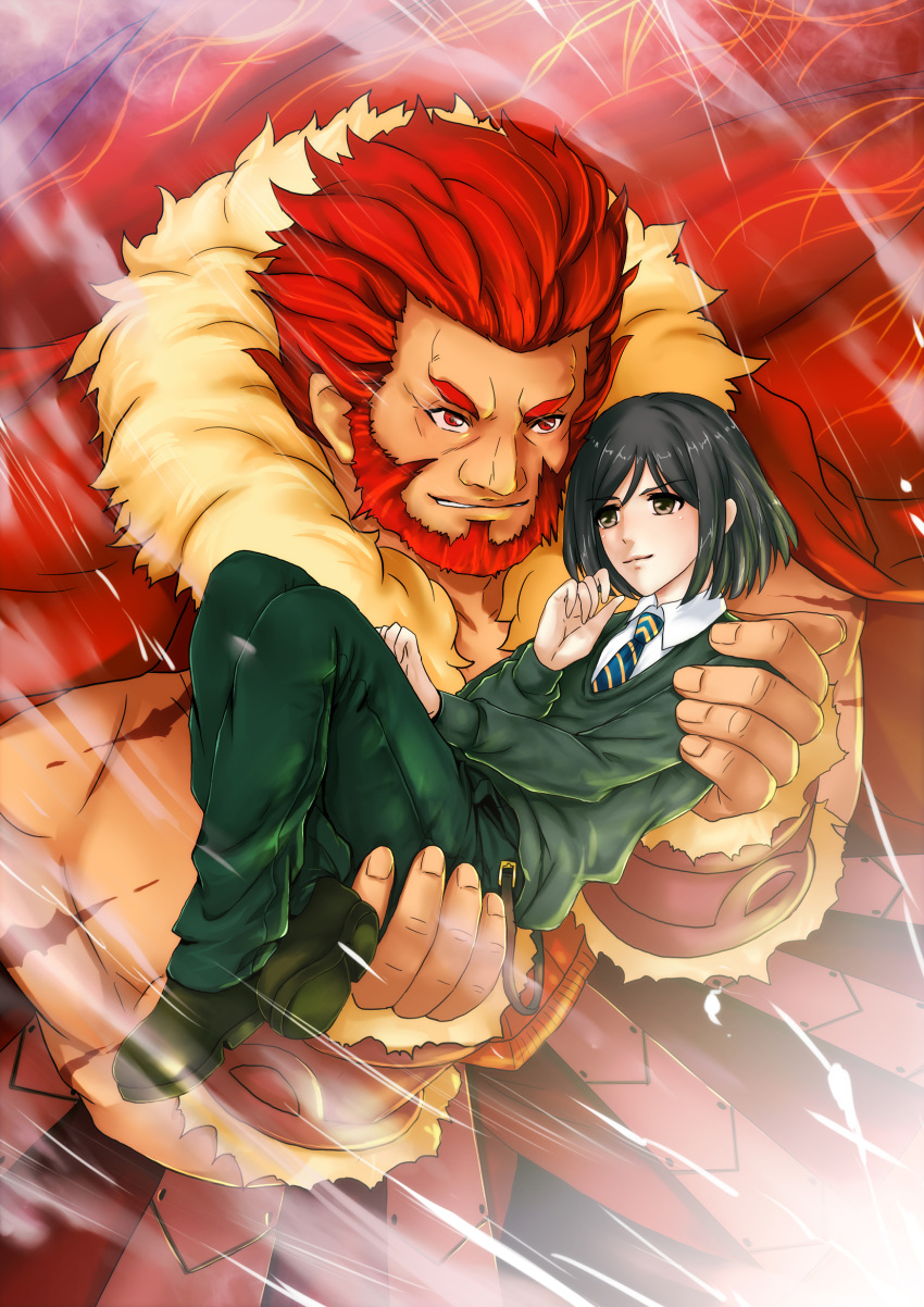 2boys armor beard black_eyes black_hair bob_cut cape carrying commentary_request facial_hair fate/zero fate_(series) highres iskandar_(fate) male_focus multiple_boys photoshop_(medium) princess_carry red_eyes red_hair waver_velvet xiao_seng