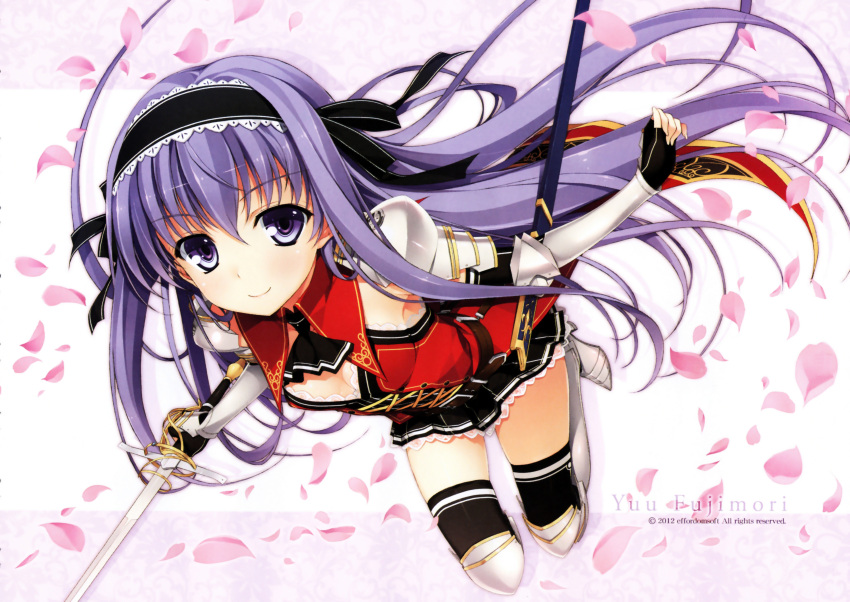 absurdres armor ascot black_thighhighs blush boots breasts cherry_blossoms cleavage elbow_gloves female fingerless_gloves fingernails fujimori_yuu gloves greaves hairband highres koikishi_purely_kiss lolita_hairband long_fingernails long_hair looking_at_viewer pauldrons petals photoshop_(medium) purple_eyes purple_hair scan shoulder_armor skindentation small_breasts smile solo sword thigh_boots thighhighs twintails uniform very_long_hair weapon yuuki_hagure zettai_ryouiki