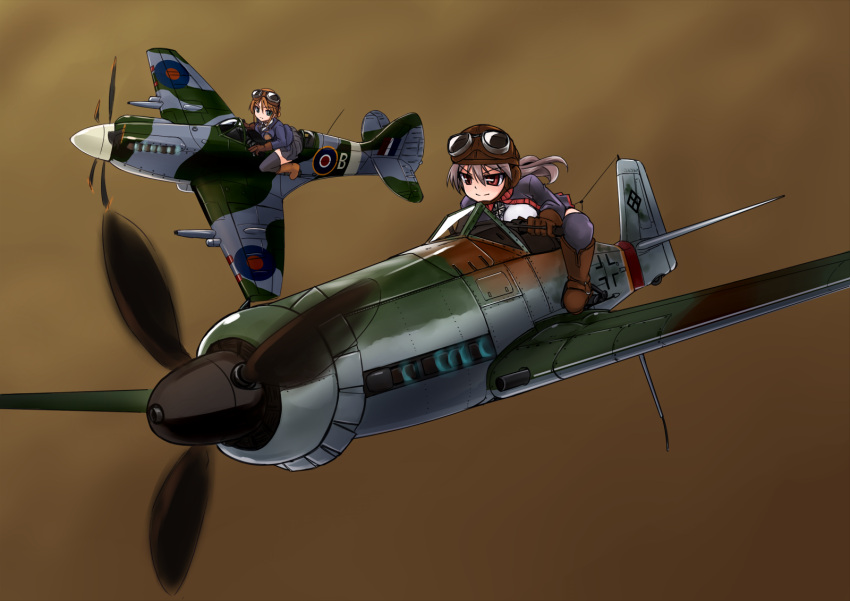 2girls aircraft airplane aviator_girls balkenkreuz boots commentary_request cross flying goggles helmet highres military military_uniform multiple_girls original pleated_skirt riding skirt smile supermarine_spitfire ta_152 thighhighs tokihama_jirou uniform vehicle_focus world_war_ii zettai_ryouiki