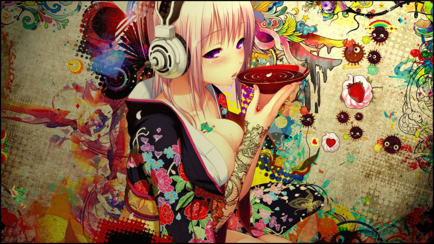 alcohol breasts drunk female headphones highres imageboard_desourced japanese_clothes jpeg_artifacts kimono large_breasts nitroplus non-web_source pink_hair sake snyp solo super_sonico tattoo third-party_edit tsuji_santa