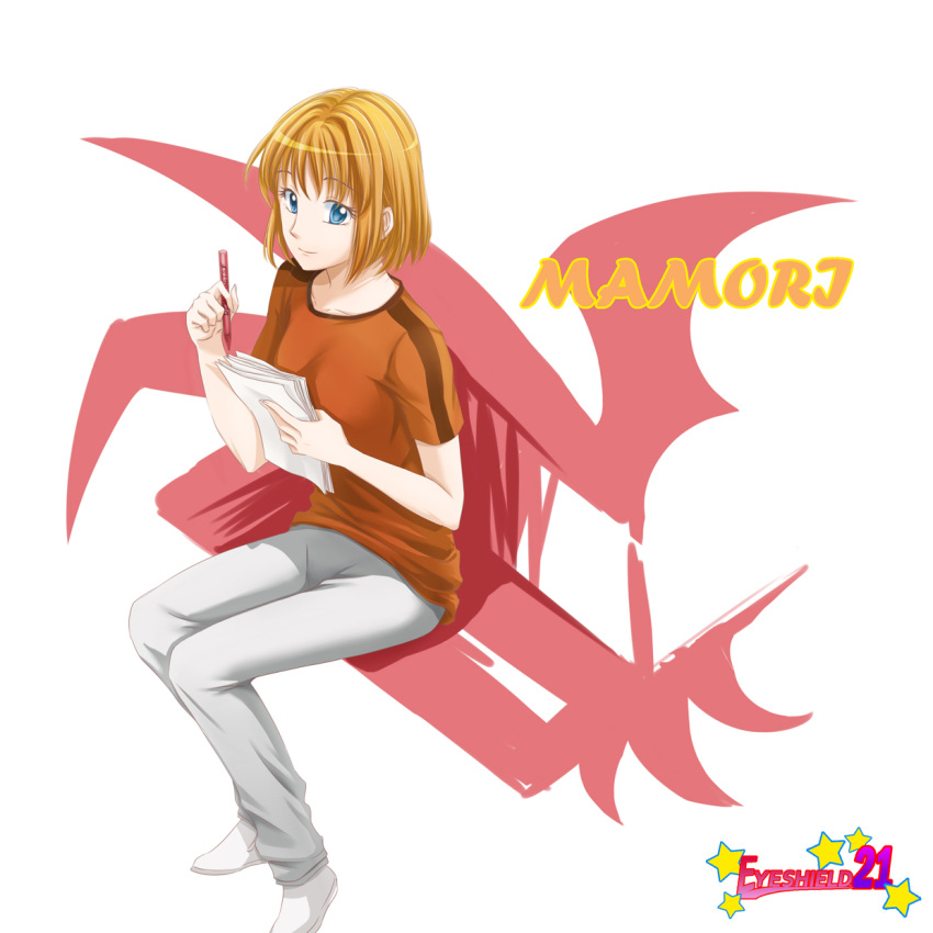 anezaki_mamori blue_eyes brown_hair character_name commentary_request copyright_name eggsding eyeshield_21 female highres pants papers pen photoshop_(medium) shirt sitting smile solo star_(symbol) t-shirt