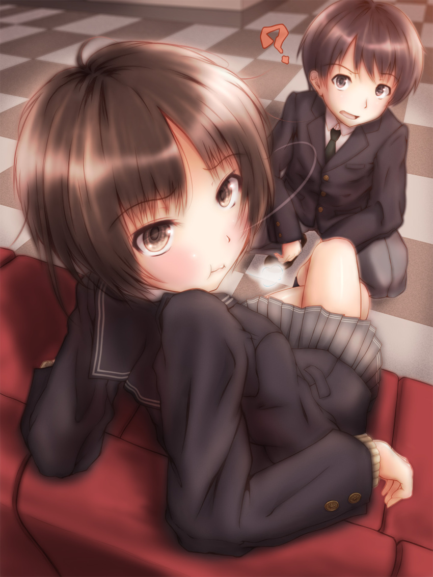 1boy :t ? amagami black_jacket blazer blush bob_cut breath brother_and_sister brown_eyes brown_hair checkered_floor commentary_request couch crossed_legs female from_behind highres jacket kibito_high_school_uniform long_sleeves looking_back messy_hair necktie peroshiti_aniki photoshop_(medium) puffy_cheeks school_uniform short_hair siblings sitting tachibana_jun'ichi tachibana_miya