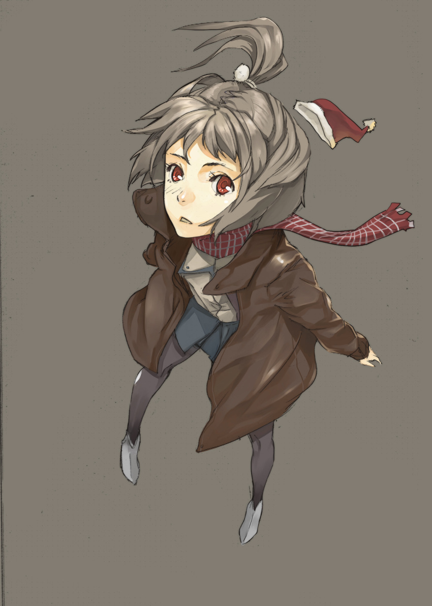 coat commentary female from_above grey_hair hat highres jacket laio original pantyhose photoshop_(medium) ponytail red_eyes santa_hat scarf skirt solo