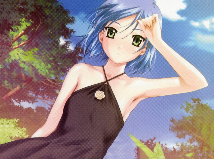 arm_up bare_shoulders black_dress blue_hair blue_sky criss-cross_halter day dress dutch_angle female flat_chest green_eyes halterneck happoubi_jin highres koromogae_maya looking_at_viewer photoshop_(medium) resort_boin scan short_hair sky solo