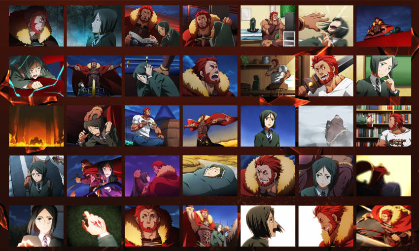 2boys armor barrel beard black_eyes black_hair bob_cut book bucephalus_(fate) cape chariot closed_eyes command_spell commentary_request facial_hair fate/zero fate_(series) fire gordius_wheel_(fate) grin highres horse ionioi_hetairoi_(fate) iskandar_(fate) male_focus multiple_boys necktie outstretched_arms polearm red_eyes red_hair smile sword tears television waver_velvet weapon yun_(neo)