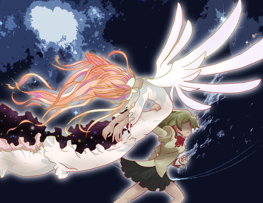 2girls falcon_punch green_hair highres kaname_madoka mahou_shoujo_madoka_magica multiple_girls pink_hair punch punching school_uniform shizuki_hitomi ultimate_madoka wings