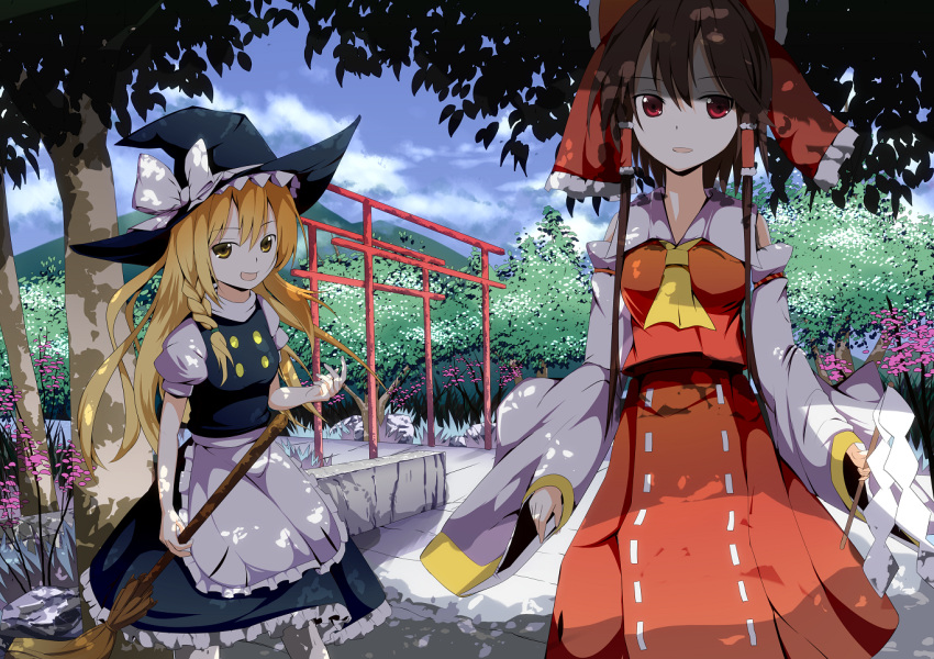 2girls :d bare_shoulders blonde_hair bow braid broom brown_hair commentary_request detached_sleeves gohei hair_tubes hakurei_reimu hat hat_bow hidaka_kouyou holding kirisame_marisa long_hair multiple_girls open_mouth outdoors red_eyes sitting smile touhou tree underwear witch_hat yellow_eyes