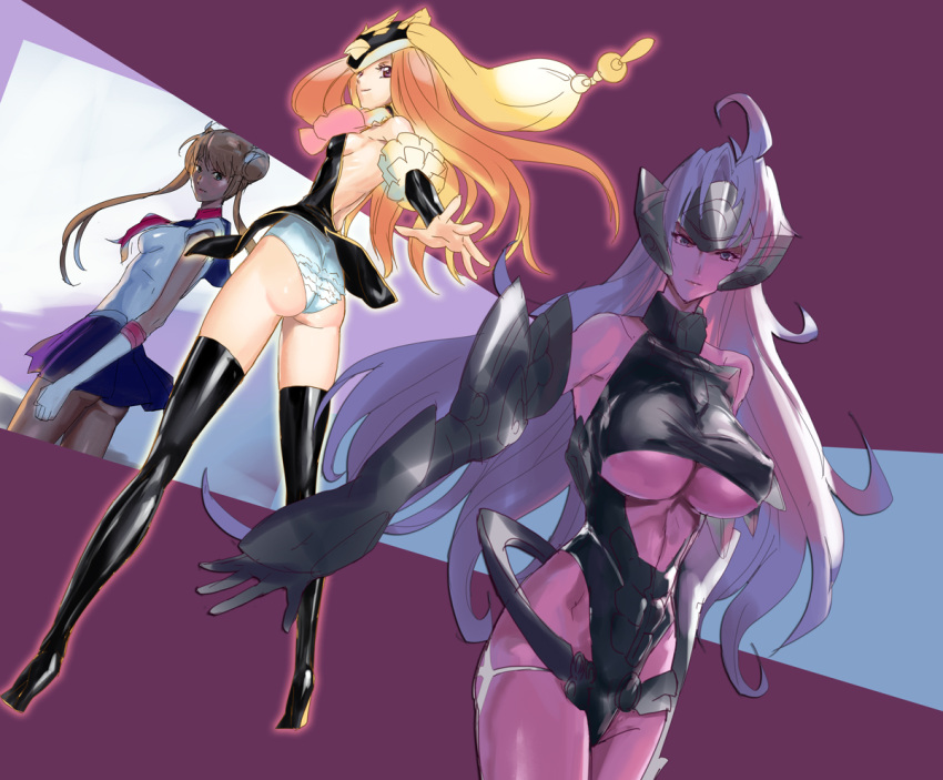 3girls ass bishoujo_senshi_sailor_moon blonde_hair blue_eyes blue_hair bow breasts commentary_request green_eyes large_breasts legs light_smile long_legs looking_back magical_girl makacoon mawaru_penguindrum multiple_girls photoshop_(medium) princess_of_the_crystal purple_eyes red_bow sailor_moon sailor_senshi_uniform t-elos takakura_himari tsukino_usagi underboob xenosaga