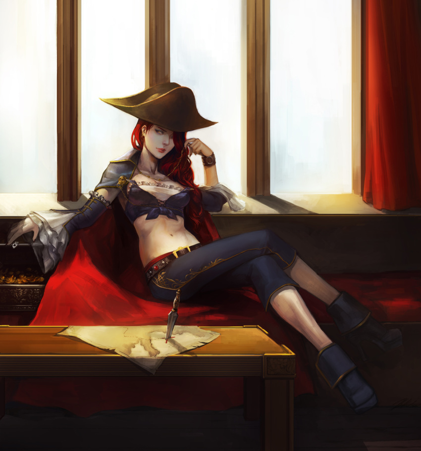 bicorne breasts cape cleavage commentary_request crossed_legs detached_sleeves earrings female hat highres jewelry knife league_of_legends lipstick long_hair makeup map medium_breasts midriff miss_fortune_(league_of_legends) navel noa_ikeda photoshop_(medium) realistic red_hair sitting solo wavy_hair wristband yellow_eyes