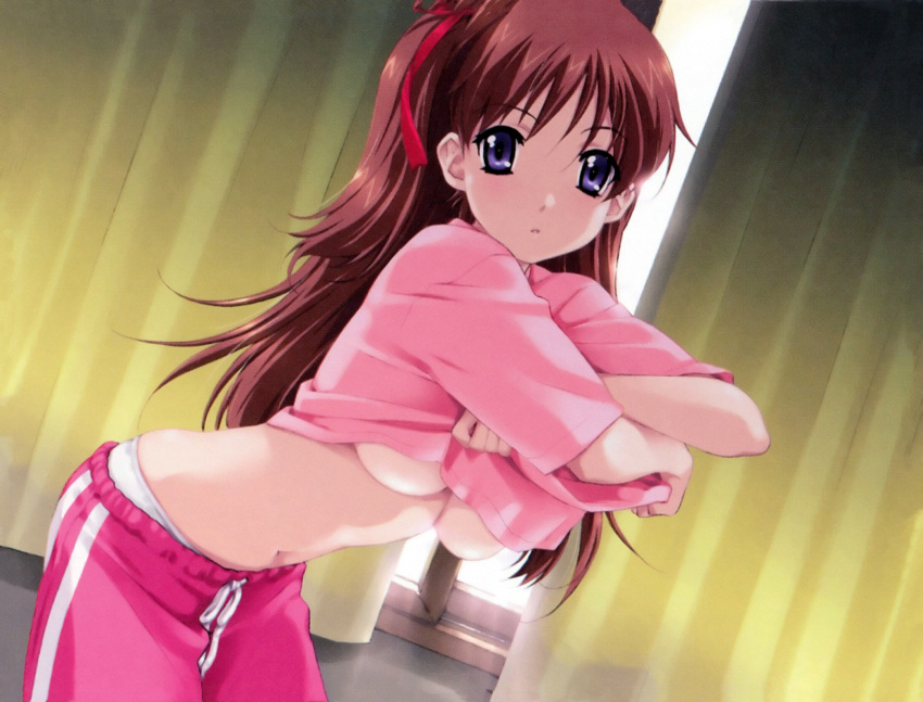 amamiya_momona bedroom breasts brown_hair female hair_ribbon happoubi_jin highres indoors leaning_forward long_hair looking_at_viewer medium_breasts navel no_bra one_side_up pajamas panties pants photoshop_(medium) purple_eyes resort_boin ribbon scan solo track_pants underboob underwear undressing white_panties