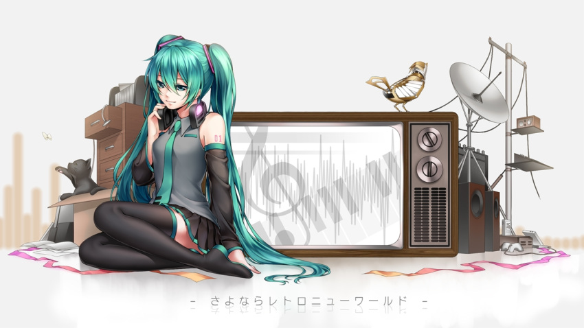 aqua_eyes aqua_hair arm_support bad_id bad_pixiv_id bird bug butterfly crt detached_sleeves dial_television feline female hatsune_miku hinase_kanoto light_smile long_hair piano_keys satellite_dish solo television thighhighs treble_clef twintails very_long_hair vocaloid