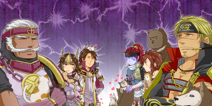 2girls 4boys animal animal_on_head batako_(artist) bear blonde_hair brown_eyes brown_hair canine cat_on_head chains closed_eyes commentary_request crossed_arms dog_on_head facial_hair feline fuuma_kotarou_(sengoku_musou) hairband headband heart houjou_ujiyasu_(sengoku_musou) kaihime_(sengoku_musou) kiseru long_hair multiple_boys multiple_girls musical_note on_head ponytail red_hair scar sengoku_musou sengoku_musou_3 shimazu_yoshihiro_(sengoku_musou) short_hair smoking_pipe tachibana_ginchiyo_(sengoku_musou) tachibana_muneshige_(sengoku_musou) white_hair yellow_eyes