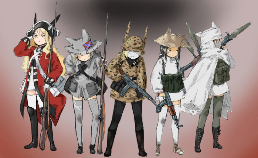 5girls afghanistan akm american_civil_war american_revolution animal_ears assault_rifle backpack bad_id bad_pixiv_id bag bayonet boots brown_bess camouflage confederate_flag confederate_states_of_america gradient_background gun hat helmet kalashnikov_rifle load_bearing_vest mars_expedition mask military military_uniform multiple_girls musket nazi no_pants pantyhose pouch rice_hat rifle rocket_launcher rpg-7 rpg_(weapon) standing stg44 terrorist thighhighs tricorne turban uniform vietnam vietnamese_dress waffen-ss war war_in_afghanistan weapon white_thighhighs world_war_ii y_(khakiyawn) zettai_ryouiki