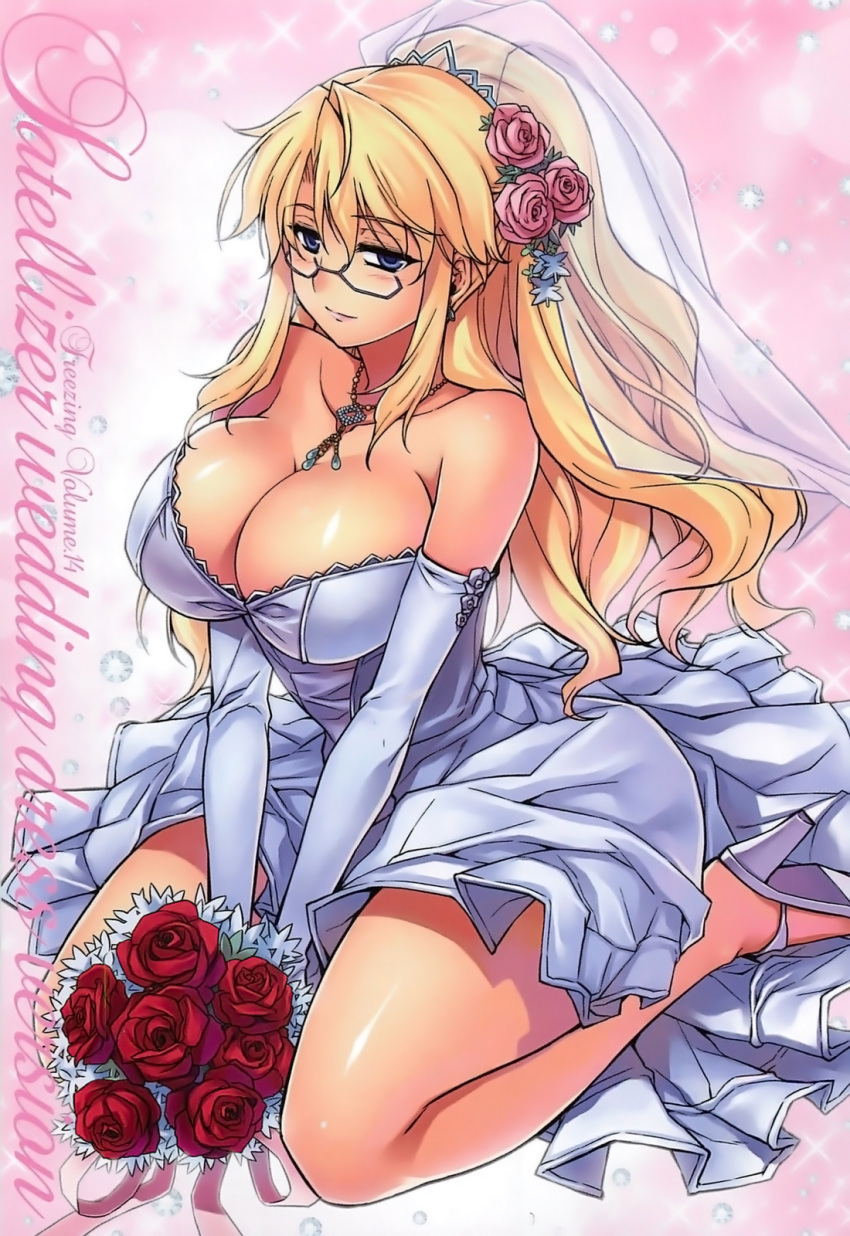 bare_shoulders blonde_hair blue_eyes blush bouquet breasts bridal_veil cleavage dress earrings elbow_gloves female flower freezing_(series) glasses gloves hair_flower hair_ornament high_heels highres huge_breasts jewelry kim_kwang_hyun kneeling legs light_smile long_hair necklace official_art photoshop_(medium) rose satellizer_el_bridget scan shoes sitting solo sparkle strapless strapless_dress thighs veil wariza wedding_dress