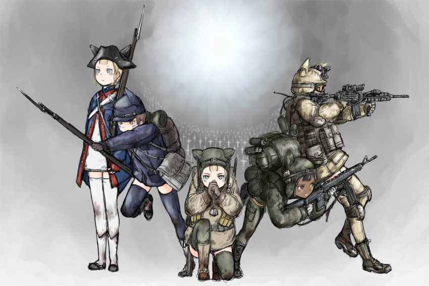 5girls afghanistan american_civil_war american_revolution animal_ears assault_rifle backpack bad_id bad_pixiv_id bag bayonet canteen cross dark-skinned_female dark_skin elbow_pads explosive gradient_background graveyard grenade gun hat m16 m16a1 m4_carbine mars_expedition military military_uniform multiple_girls musket no_pants praying rifle thighhighs tricorne uniform united_states vietnam war war_in_afghanistan weapon world_war_ii y_(khakiyawn) zettai_ryouiki