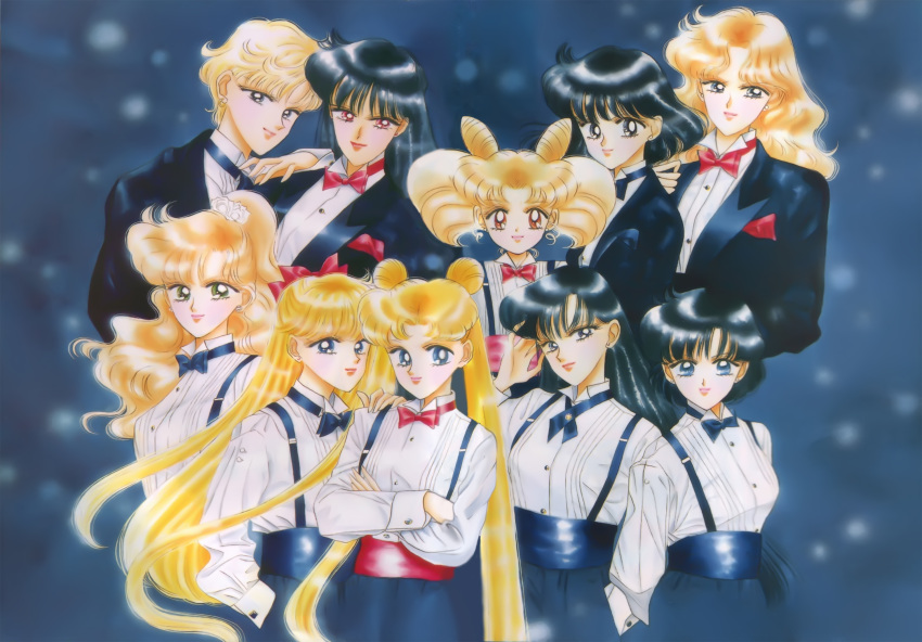 1990s_(style) 6+girls aino_minako alternate_hair_color bishoujo_senshi_sailor_moon black_hair black_jacket blonde_hair blue_bow blue_neckwear bow bowtie chibi_usa closed_mouth cone_hair_bun crossed_arms croupier double_bun dress_shirt formal friends hair_bun half_updo hand_in_pocket hand_on_another's_shoulder highres hino_rei holding holding_own_hair jacket kaiou_michiru kino_makoto light_smile lips long_hair long_sleeves looking_at_viewer meiou_setsuna mizuno_ami multiple_girls official_art painting_(medium) photoshop_(medium) ponytail red_bow red_bowtie retro_artstyle reverse_trap shirt short_hair smile suit suspenders takeuchi_naoko ten'ou_haruka tomoe_hotaru traditional_bowtie traditional_media tsukino_usagi twintails very_short_hair watercolor_(medium) white_shirt