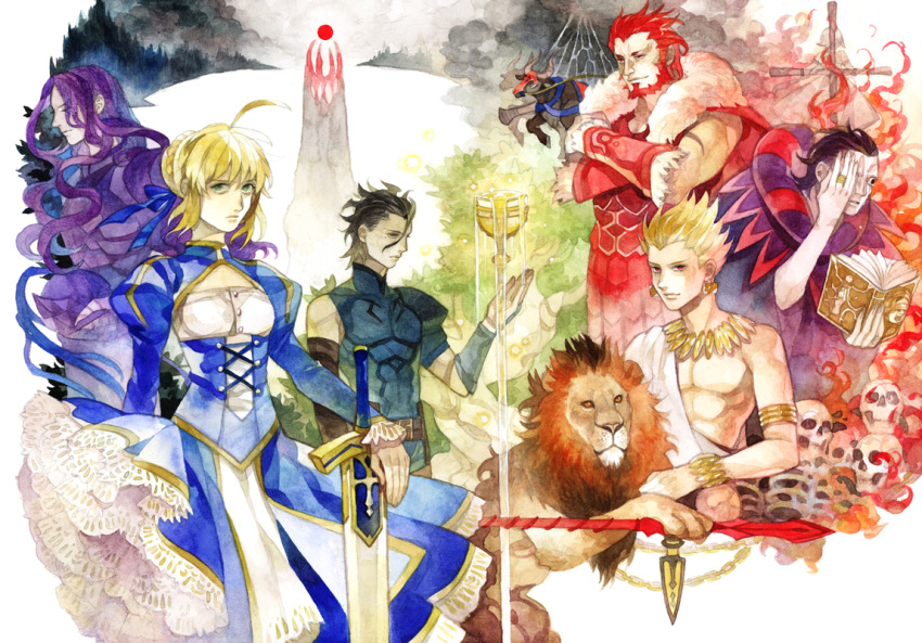 5boys armor artoria_pendragon_(fate) bad_id bad_pixiv_id berserker_(fate/zero) book breadmonster bull burning_at_the_stake chains chalice cross cup diarmuid_ua_duibhne_(lancer)_(fate) excalibur_(fate/stay_night) fate/apocrypha fate/zero fate_(series) female fire forest gae_dearg_(fate) gilgamesh_(fate) gilles_de_rais_(caster)_(fate) great_grail iskandar_(fate) jeanne_d'arc_(fate) jeanne_d'arc_(ruler)_(fate) lancelot_(fate/zero) lion multiple_boys nature photoshop_(medium) polearm rainbow_order saber_(fate) skull spear spoilers sword weapon