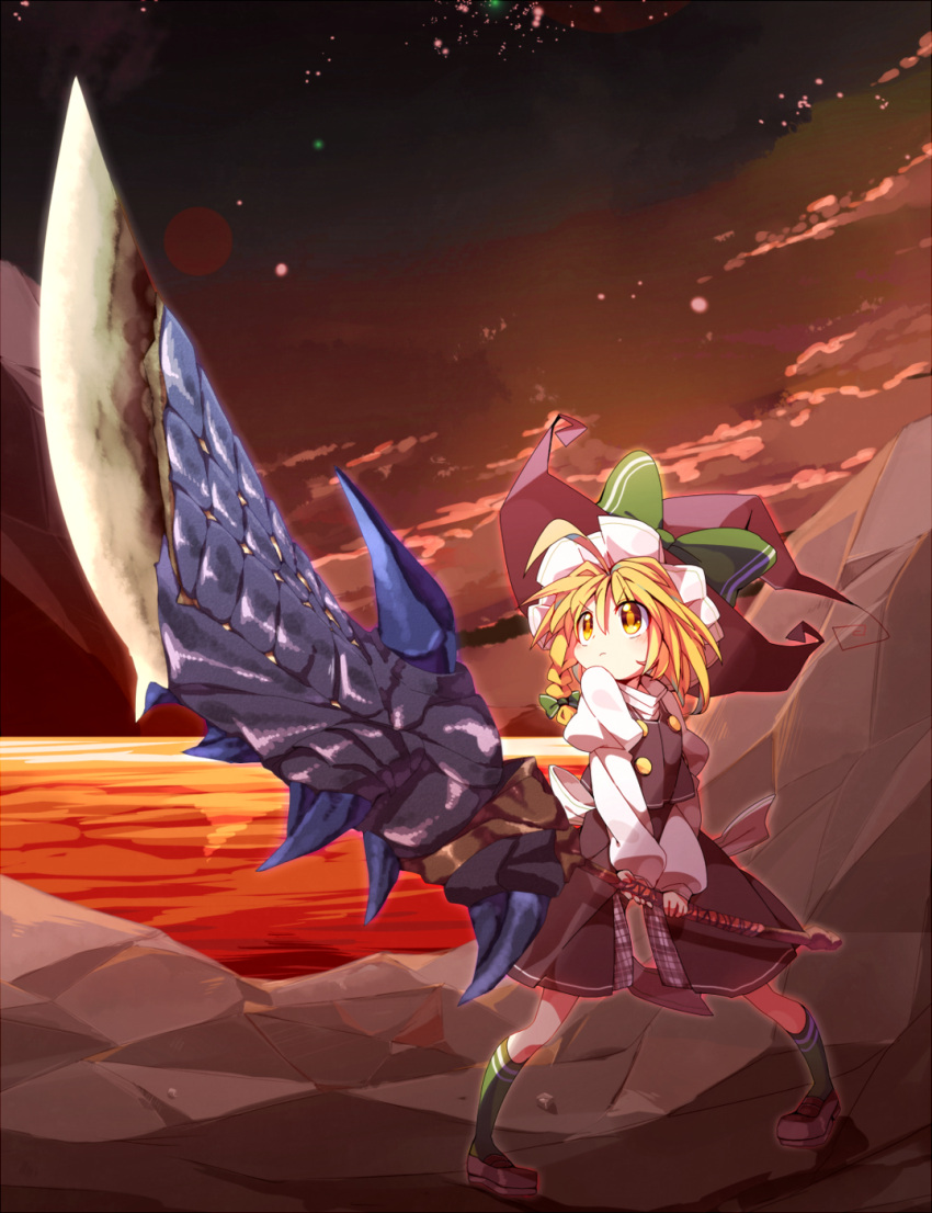 >:( blonde_hair bow braid commentary_request dress female frown green_socks hairbow hat hat_bow highres kirisame_marisa kneehighs monster_hunter_(series) rock shoes short_hair side_braid single_braid sky socks solo sunrise_stance sword touhou usamata v-shaped_eyebrows weapon witch_hat yellow_eyes