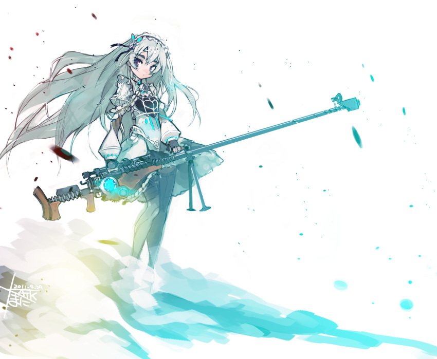 bipod chaika_trabant dress female fingerless_gloves gloves grey_hair gun hairband highres hitsugi_no_chaika lolita_hairband long_hair looking_at_viewer namaniku_atk pantyhose photoshop_(medium) purple_eyes rifle sniper_rifle solo thick_eyebrows weapon