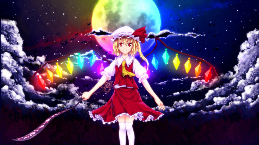 bad_id bad_pixiv_id blonde_hair cloud colorful dress female flandre_scarlet full_moon glowing glowing_wings hat highres laevatein_(touhou) looking_at_viewer moon night red_eyes side_ponytail smile solo thighhighs touhou white_thighhighs wings yonaga_(masa07240)