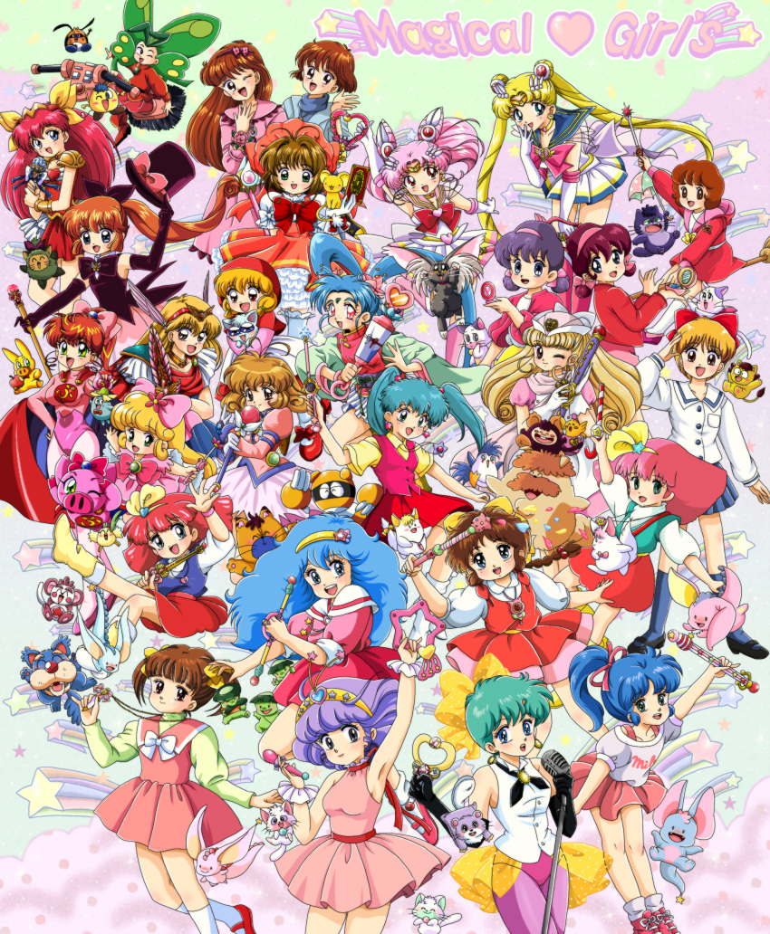 1980s_(style) 1990s_(style) 6+girls ;d absurdres ahoge ai_tenshi_densetsu_wedding_peach akazukin_chacha annotated aqua_hair arm_up armor back_bow bishoujo_senshi_sailor_moon bishoujo_senshi_sailor_moon_supers black_gloves blonde_hair blue_eyes blue_hair blue_sailor_collar boots bow brooch broom broom_riding brown_eyes brown_hair buurin_(tonde_buurin) cape cardcaptor_sakura chacha_(akazukin_chacha) chamo_(minky_momo) chibi_usa commentary_request cone_hair_bun corrector_yui creamy_mami creature crescent crescent_earrings crisis_moon_compact crossover crystal_carillon double_bun dual_persona earrings elbow_gloves fancy_lala freckles frills fuuin_no_tsue gera_gera_(persia) gloves green_eyes green_hair hair_bun hair_intakes hair_ornament hairband hairbow hairpin hana_no_mahoutsukai_mary_bell hanasaki_momoko hanazono_yumi hand_on_own_hip haneoka_meimi harbor_light_story hat heart heart_brooch highres hime-chan_no_ribbon himitsu_no_akko-chan holding holding_wand hood i.r._(corrector_yui) itou_ikuko_(style) jama-p_(wedding_peach) jewelry kabu_(mahou_tsukai_sally) kagami_atsuko kaitou_saint_tail kakimaru_(pastel_yumi) kaleidomoon_scope kasuga_yui kawai_sasami kazuki_mai kero_(cardcaptor_sakura) keshimaru_(pastel_yumi) kinomoto_sakura kinomoto_sakura_(magic_dream_costume) kokubu_karin kukku_bukku_(minky_momo) leaning_forward leotard long_hair low_twintails magical_emi magical_girl magical_princess mahou_no_angel_sweet_mint mahou_no_idol_pastel_yumi mahou_no_princess_minky_momo mahou_no_star_magical_emi mahou_no_tenshi_creamy_mami mahou_no_yousei_persia mahou_shoujo_pretty_sammy mahou_tsukai_sally mary_bell mary_janes masaki_sasami_jurai matsunaga_mikage matsunaga_tomomi meso_meso_(persia) microphone miho_(harbor_light_story) mikiky minky_momo mint_(sweet_mint) miracle_girls mocha_(minky_momo) mogu_(fancy_lala) mogu_(harbor_light_story) morisawa_yuu moriya_ririka multiple_crossover multiple_girls necklace nega_(creamy_mami) nonohara_himeko nurse_angel nurse_angel_ririka_sos official_style one_eye_closed open_mouth pantyhose pauldrons persia_(mahou_no_yousei_persia) pig pigu_(fancy_lala) pigu_(harbor_light_story) pink_bow pink_eyes pink_hair pink_hat pink_leotard pink_sailor_collar pink_shirt pink_skirt pink_vest pipiru_(minky_momo) pokota_(hime-chan_no_ribbon) ponytail posi_(creamy_mami) pretty_sammy_(character) puri_puri_(persia) purple_hair purple_legwear red_bow red_hair red_skirt retro_artstyle ribbon riiya_(akazukin_chacha) ruby_(kaitou_saint_tail) rupipi_(minky_momo) ryouko_(tenchi_muyou!) sailor_chibi_moon sailor_collar sailor_moon sailor_senshi sailor_senshi_uniform saint_tail shindobukku_(minky_momo) shinohara_miho shirt shoes short_hair short_twintails shoulder_armor siblings simba_(persia) sisters skirt sleeves_rolled_up smile socks star_(symbol) star_earrings super_sailor_chibi_moon super_sailor_moon tambourine_(mary_bell) tenchi_muyou! tiara timon_(yadamon) tonde_buurin tonrariano top_hat topo_(magical_emi) tsukino_usagi twins twintails very_short_hair vest waffle_(sweet_mint) wand wedding_peach white_gloves wing_brooch yadamon yadamon_(character) yellow_bow yumeno_sally