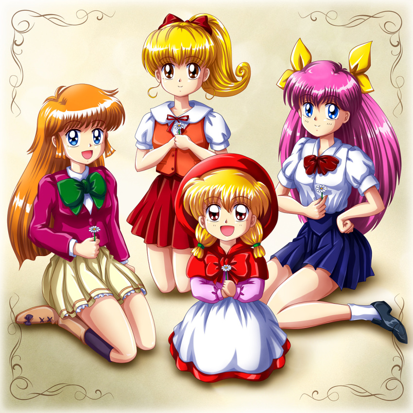 4girls ai_tenshi_densetsu_wedding_peach akazukin_chacha blonde_hair blue_eyes bow brown_eyes chacha_(akazukin_chacha) commentary_request crossover flower hanasaki_momoko haneoka_meimi highres hood kaitou_saint_tail long_hair mimimix moriya_ririka multiple_crossover multiple_girls nurse_angel_ririka_sos orange_hair pink_hair ponytail school_uniform yellow_bow