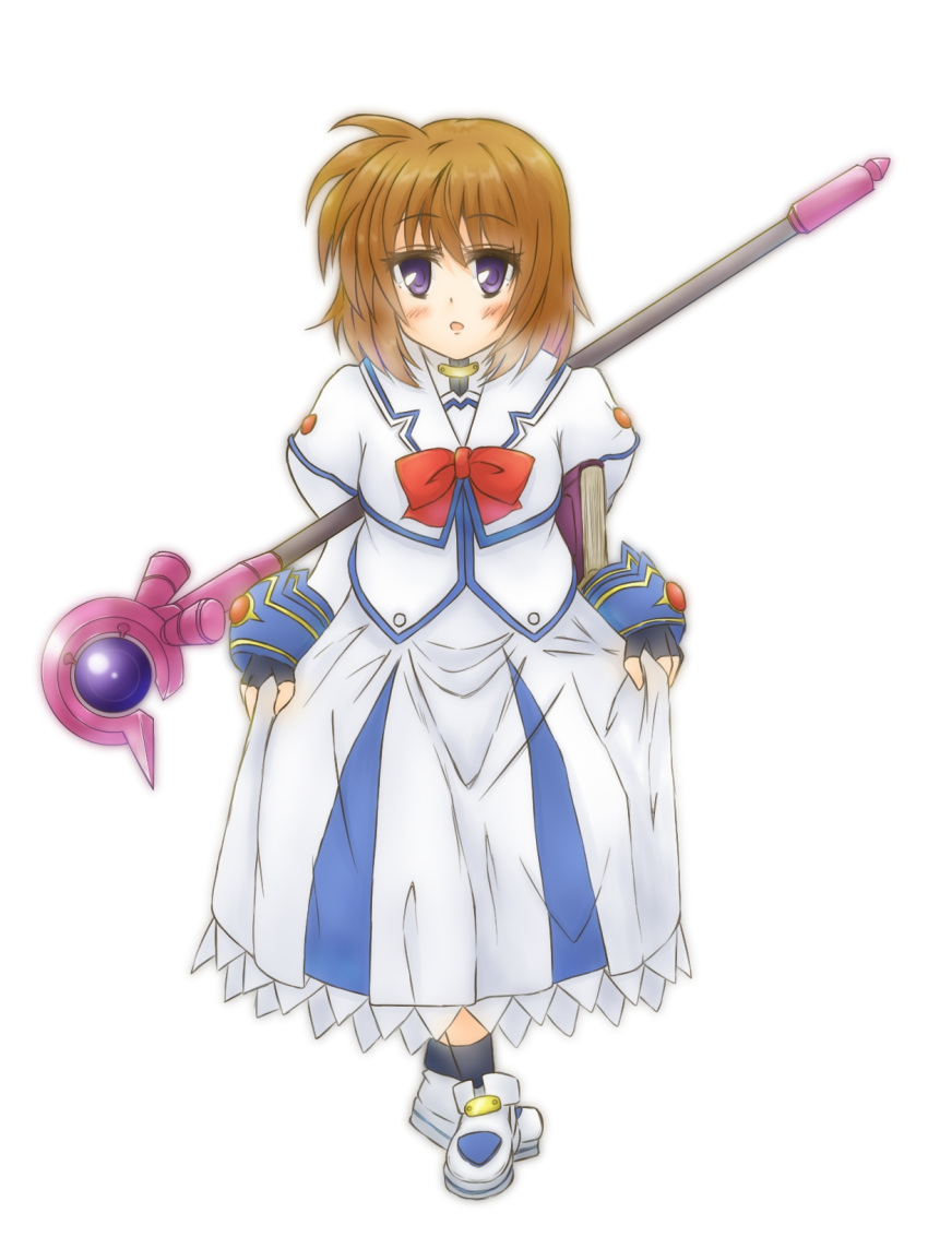 bluepalettes blush bowing brown_hair commentary_request cosplay curtsey dress female highres luciferion lyrical_nanoha mahou_shoujo_lyrical_nanoha mahou_shoujo_lyrical_nanoha_a's mahou_shoujo_lyrical_nanoha_a's_portable:_the_battle_of_aces purple_eyes ribbon skirt_hold solo stern_the_destructor takamachi_nanoha takamachi_nanoha_(cosplay)