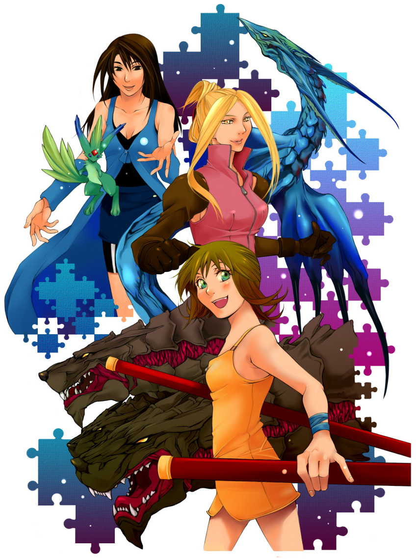 3girls :d aqua_eyes arm_warmers blonde_hair blue_arm_warmers breasts brown_eyes brown_hair carbuncle_(final_fantasy) cerberus_(ff8) collarbone commentary_request d-maker dress fangs final_fantasy final_fantasy_viii flipped_hair gloves highres leviathan_(mythology) long_hair medium_breasts multiple_girls nunchaku open_mouth puzzle_piece quistis_trepe rinoa_heartilly selphie_tilmitt short_hair skirt sleeveless_duster smile teeth weapon wristband yellow_dress yellow_eyes zipper