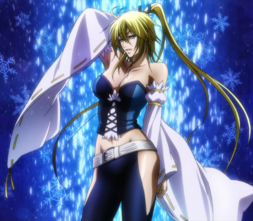 anastasia anastasia_(brave_10) big_breasts blonde_hair blue_eyes brave_10 breasts cleavage female large_breasts long_hair navel ponytail screencap solo stitched