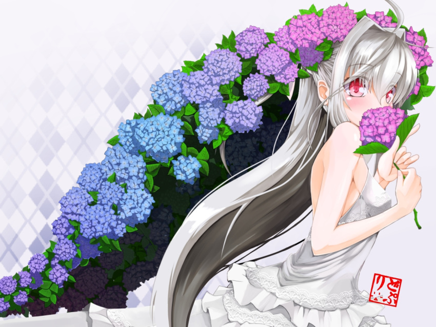 ahoge amino_dopple bad_id bad_pixiv_id bare_shoulders blush dress female flower grey_hair holding holding_flower hydrangea long_hair original red_eyes sleeveless sleeveless_dress solo