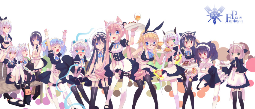 6+girls animal_ears apron blush borrowed_character commentary_request garter_straps highres long_hair maid maid_cafe maid_headdress multiple_girls mvv photoshop_(medium) pixiv_fantasia pixiv_fantasia_sword_regalia thighhighs