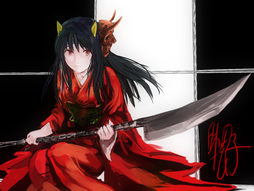 bad_id bad_pixiv_id black_hair female highres hinomoto_oniko horns japanese_clothes kamemushi_(hoozuki) kimono mask oni oni_horns oni_mask original photoshop_(medium) polearm red_eyes red_kimono solo weapon