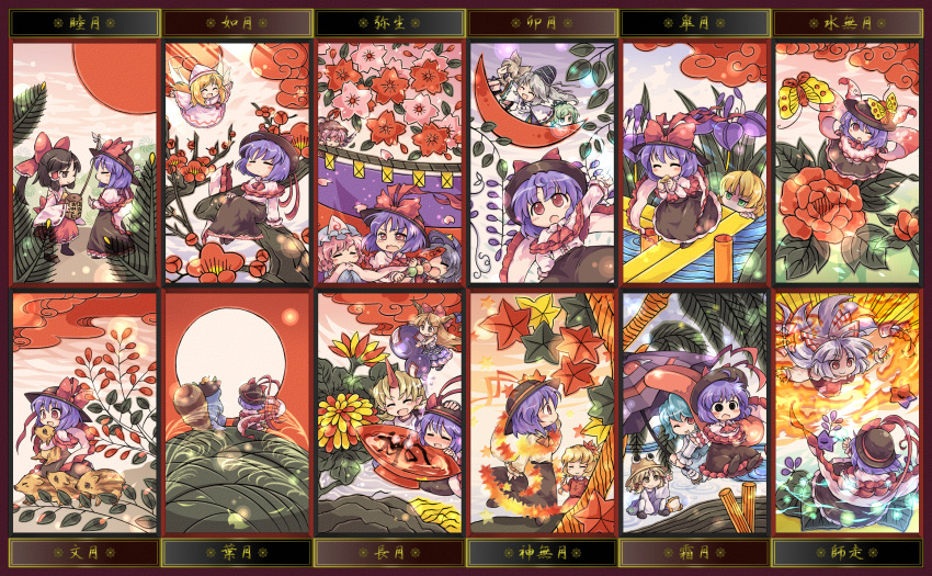 6+girls :p aki_shizuha alcohol battle blonde_hair blue_hair blush bow bug butterfly chibi closed_eyes commentary_request dress drunk duel fire flower frog fujiwara_no_mokou futatsuiwa_mamizou gohei gourd green_dress green_eyes grey_hair hairbow hakurei_reimu hanafuda hand_on_head hat highres hinanawi_tenshi horns hoshiguma_yuugi ibuki_suika in_tree japanese_clothes karakasa_obake kariginu leaf lily_white miyako_yoshika mizuhashi_parsee mononobe_no_futo moon moriya_suwako multiple_girls mystia_lorelei nagae_iku nature omikuji one_eye_closed peeking_out pink_hair pote_(ptkan) purple_hair raccoon_tail red_eyes saigyouji_yuyuko sake shawl short_hair single_horn sitting sitting_in_tree smile soga_no_tojiko tail tatara_kogasa tongue tongue_out touhou toyosatomimi_no_miko tree umbrella water