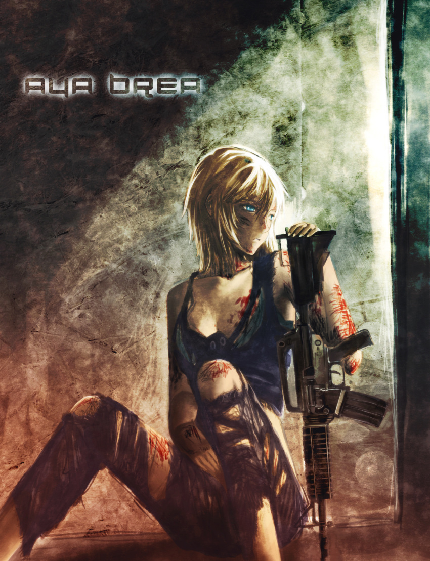 assault_rifle aya_brea blonde_hair blood blue_eyes character_name commentary_request female gun highres litlicha m4_carbine parasite_eve parasite_eve_the_3rd_birthday photoshop_(medium) rifle solo torn_clothes weapon