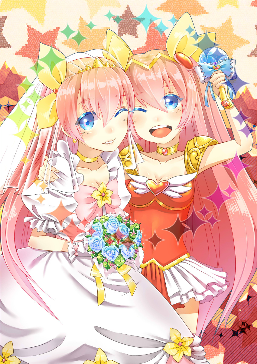 2girls ;d absurdres ai_tenshi_densetsu_wedding_peach bad_id bad_pixiv_id blue_eyes bouquet bow brooch colored_eyelashes dress dual_persona flower hanasaki_momoko heart heart_brooch highres huiji jewelry long_hair magical_girl multiple_girls one_eye_closed open_mouth photoshop_(medium) pink_bow pink_hair rose smile wand wedding_dress wedding_peach wing_brooch yellow_bow