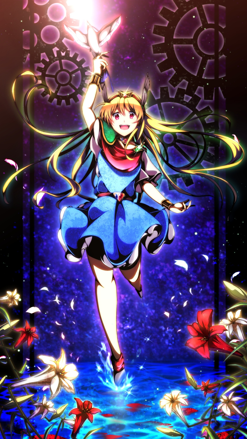 akazukin_chacha arm_up bad_id bad_pixiv_id bird bird_on_hand blonde_hair blue_background blue_skirt chacha_(akazukin_chacha) female flower full_body head_wings highres long_hair magical_girl magical_princess mizuki_(ekakichan) red_eyes scarf shoes skirt smile solo tiara wings