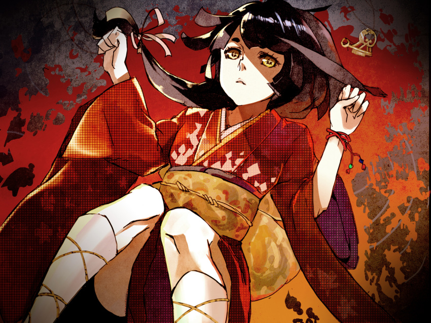 black_hair commentary_request female furisode hair_ribbon japanese_clothes kimono kneehighs laio obi original photoshop_(medium) red_kimono ribbon sash socks solo yellow_eyes