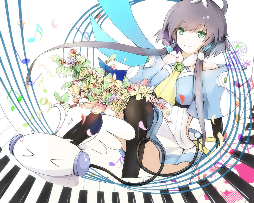 >_< ahoge ascot bare_shoulders bass_clef beamed_eighth_notes benghuai_7 black_hair black_thighhighs cable closed_eyes commentary_request eighth_note eighth_rest female fermata flat_sign flower green_eyes hair_ornament half_note long_hair luo_tianyi musical_note natural_sign petals piano_keys quarter_note sharp_sign short_hair_with_long_locks sidelocks sitting sixteenth_note skirt smile thighhighs tian_dian treble_clef vocaloid vsinger whole_note wings