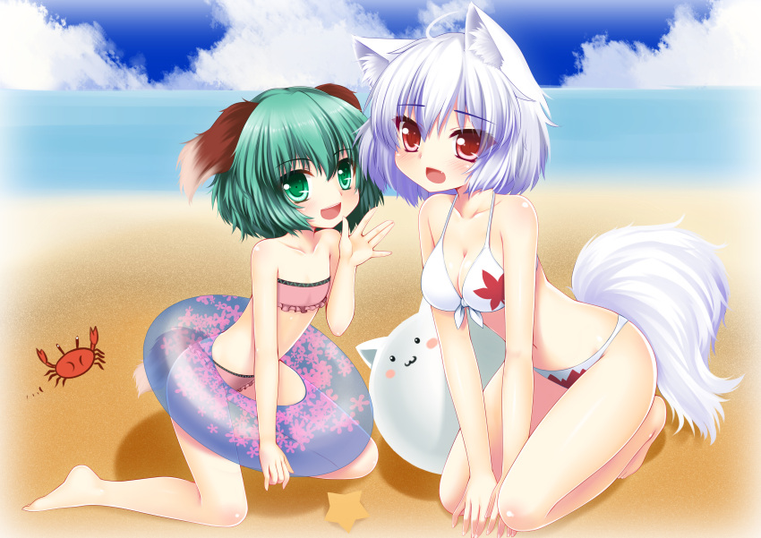 2girls absurdres animal_ears bikini commentary_request green_eyes green_hair highres inubashiri_momiji kasodani_kyouko multiple_girls photoshop_(medium) red_eyes short_hair swimsuit tail touhou white_hair wolf_ears wolf_tail wolflong