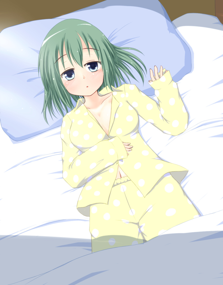 alternate_hairstyle bed blue_eyes breasts commentary_request daiyousei edamame_(barium) female green_hair highres lying medium_breasts navel no_wings on_back pajamas pillow solo touhou