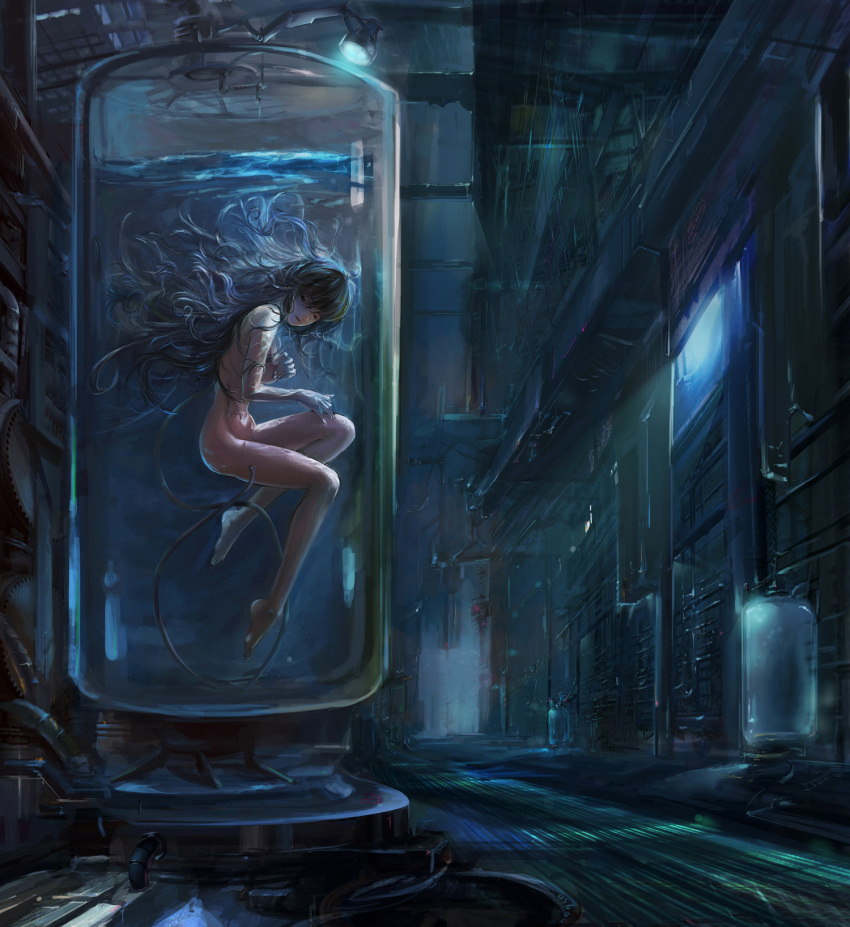 afloat barefoot black_hair closed_eyes commentary covering_breasts covering_privates female floating_hair grey_hair hallway highres laboratory long_hair machine navel nude original photoshop_(medium) science_fiction solo stasis_tank submerged tube ushas water