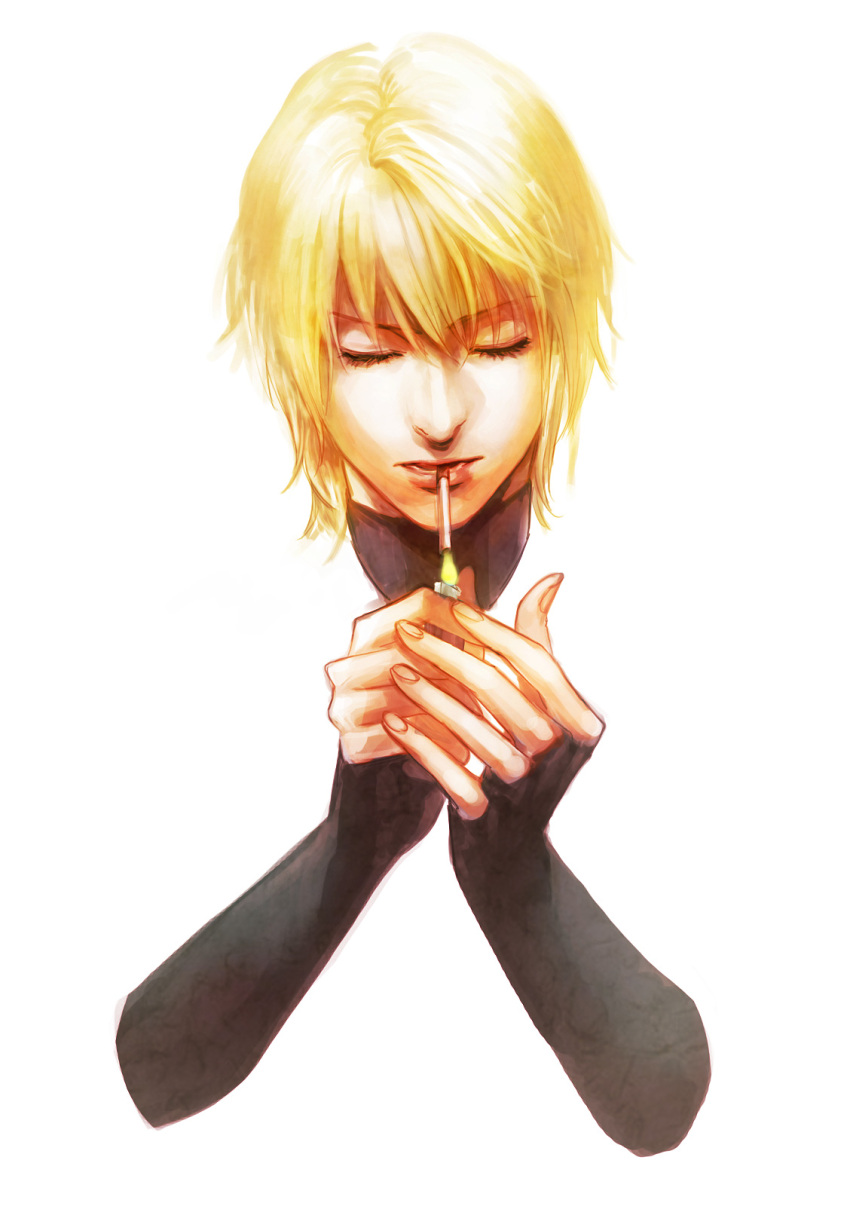 1boy blonde_hair cigarette closed_eyes commentary_request disembodied_hand genjou_sanzou highres magatsumagic male_focus saiyuki smoking solo