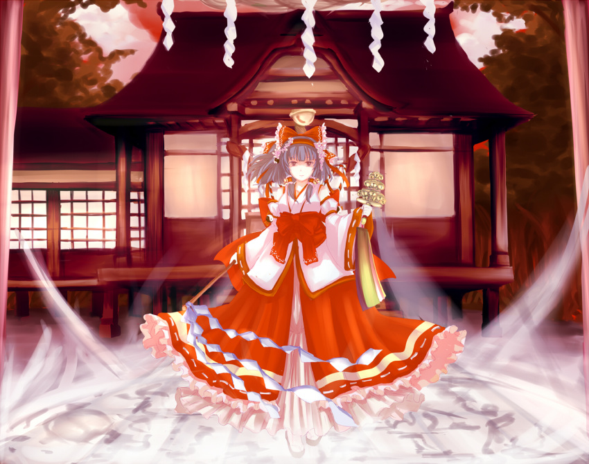 architecture bell bow commentary_request detached_sleeves east_asian_architecture female frills gohei grey_eyes grey_hair hairband hairbow hakurei_reimu hakurei_shrine highres long_skirt obi oonusa red_bow rope sash shide shimenawa short_hair shrine skirt smile solo ten_ryuu_sadaaki touhou wide_sleeves yin_yang