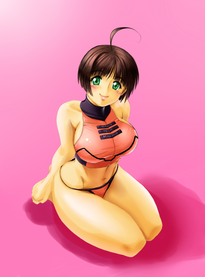 adapted_costume blush breasts brown_hair female green_eyes harada_makoto highres kneeling large_breasts ookami_makoto short_hair uchuu_senkan_yamato uchuu_senkan_yamato_2199