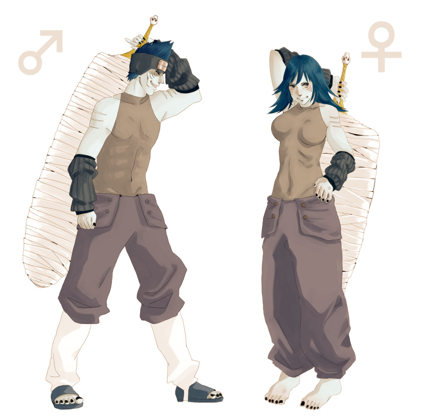 blue_hair dual_persona gils highres hoshigaki_kisame huge_weapon naruto rule_63 skin_tight skintight sword venus_symbol weapon